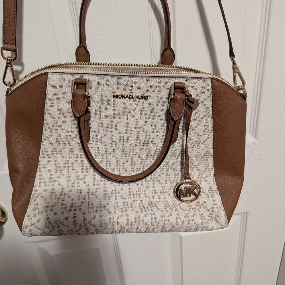 Michael Kors Ciara Brown and Cream Leather Satchel Bag